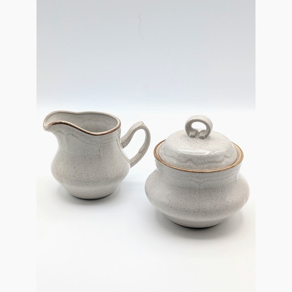Vintage 70s Baroque Hearthside Stoneware Creamer Sugar Bowl Set Japan Speckled